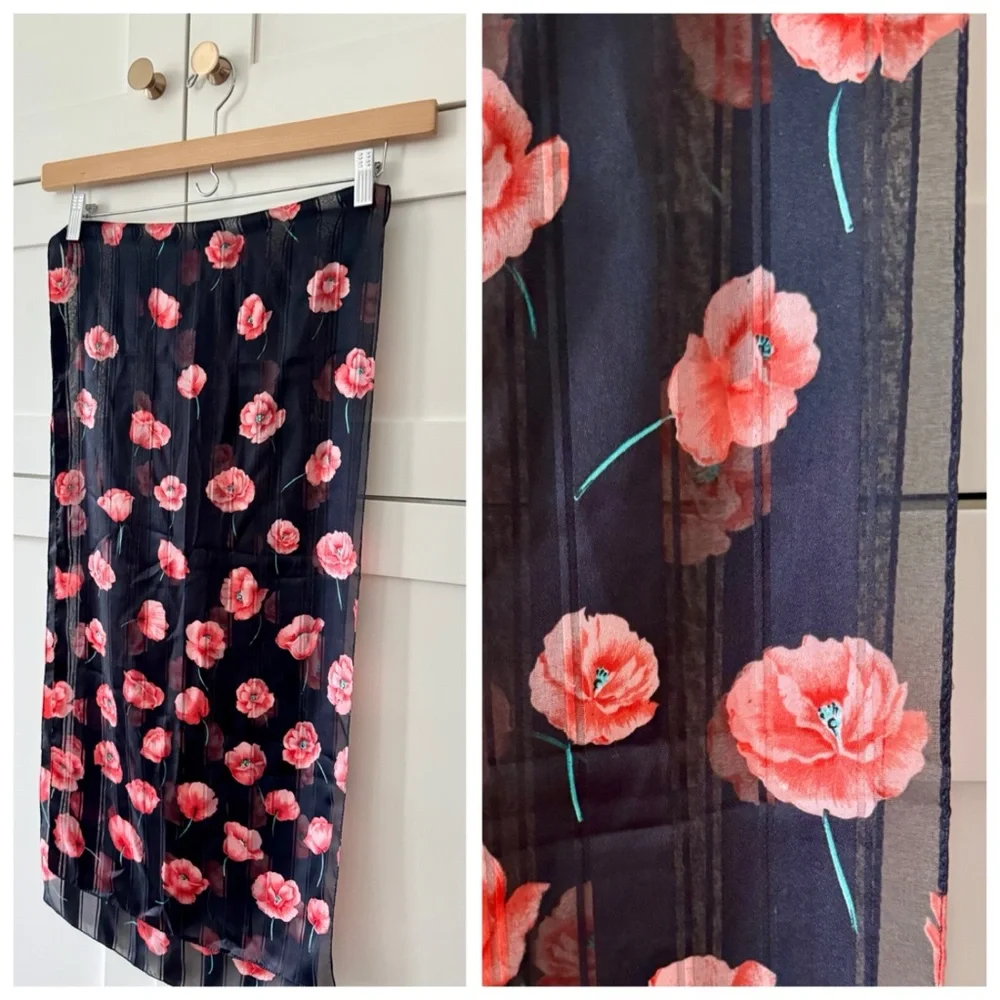 Vintage BUNDLE (2) Floating Floral Poppies & Roses Printed Scarf Wraps,